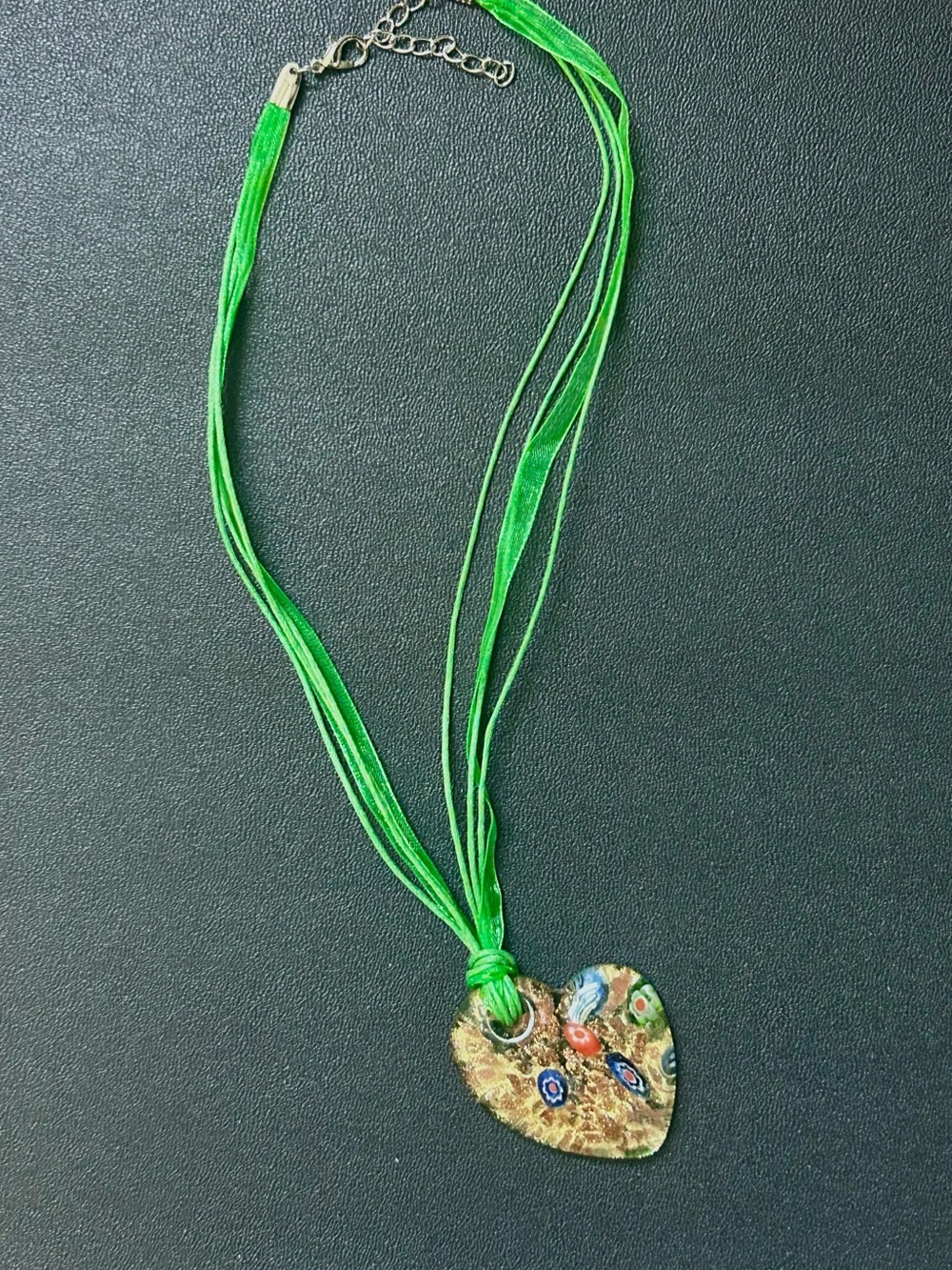 Gold Heart Glass Pendant Necklace with Green Cord